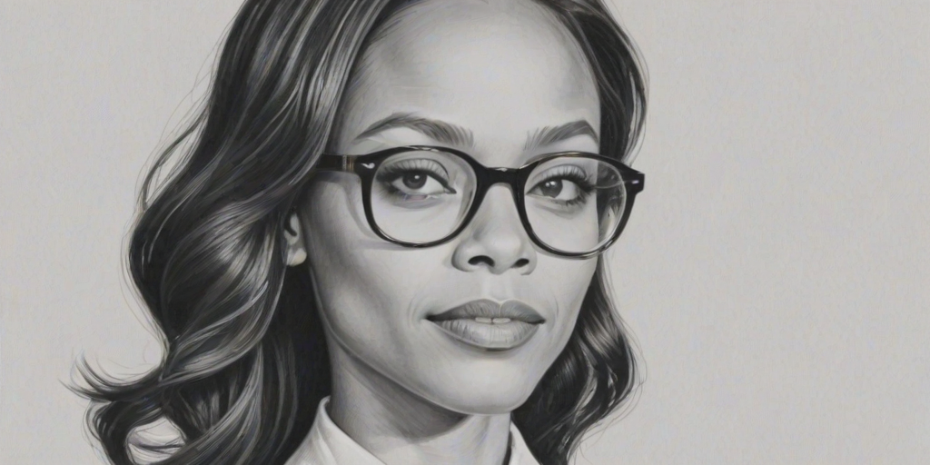 Captivating Zoe Saldana, pencil sketch, portrait of Lovely woman 1950s in glasses, hair style beatnik, outline, clear lines, fine lines, 8k