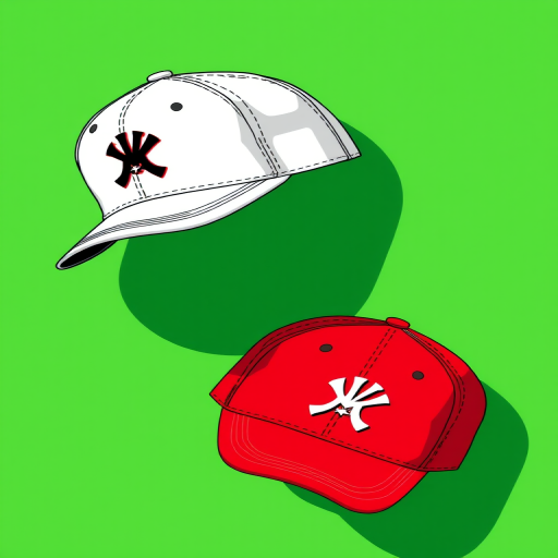 Create a high-resolution illustration of two baseball caps, one white with a black logo and one red with a white logo, positioned on a solid green background, using a DSLR camera with a 50mm lens, f/1.8 aperture, 1/100s shutter speed, and natural lighting for enhanced clarity.