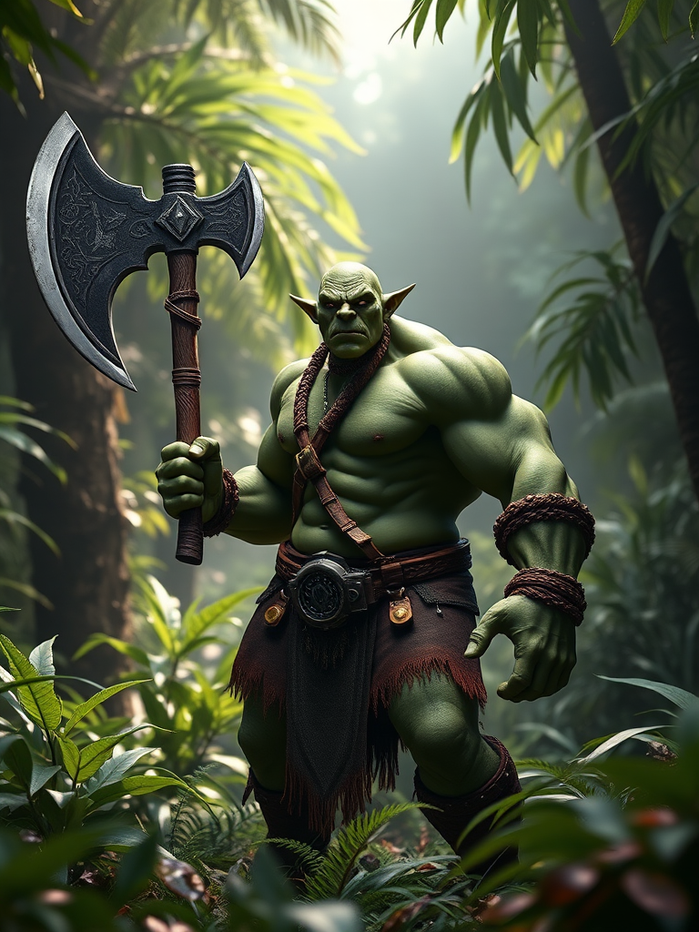 Create an image of a muscular green-skinned orc standing in a lush jungle, wielding a large axe, with dramatic lighting and high detail, captured with a DSLR camera, 85mm lens, f/1.8 aperture, ISO 100, and in portrait mode for enhanced depth of field and image quality.