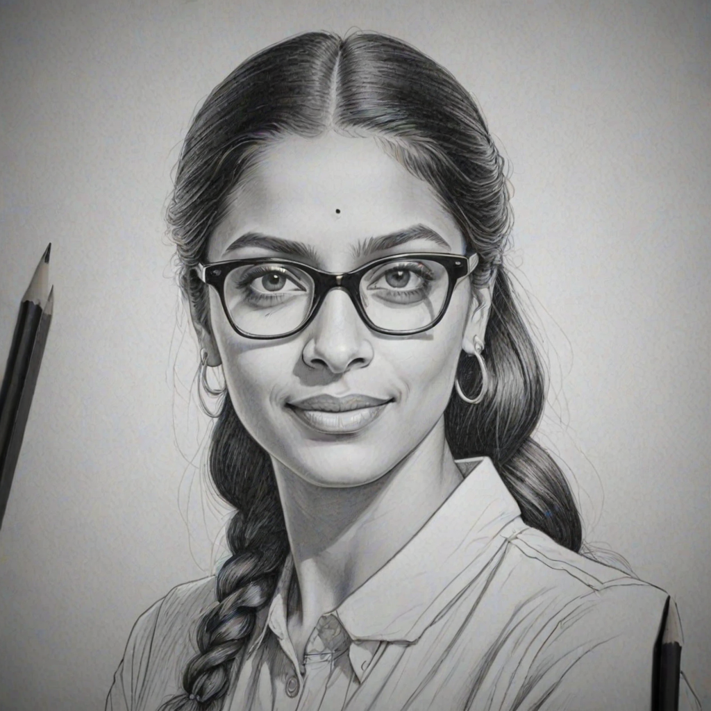 Splendid Lilly Singh, pencil sketch, portrait of Wonderful woman 1934s in glasses, hair style beatnik, outline, clear lines, fine lines, 8k