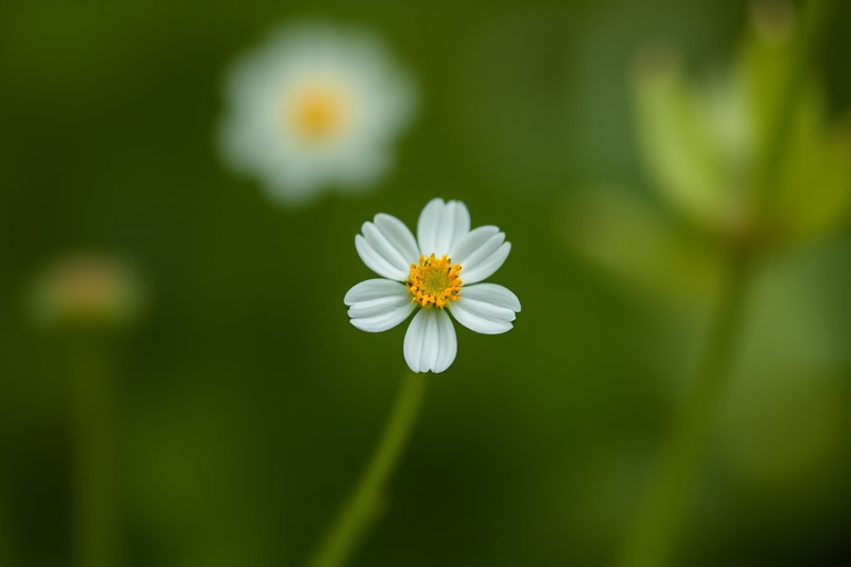A close-up photo of a single white flower with a yellow center against a soft blurred green background, shot with a DSLR camera using a 50mm lens, aperture set to f/2.8, ISO 100, and a shallow depth of field for enhanced detail and bokeh effect.