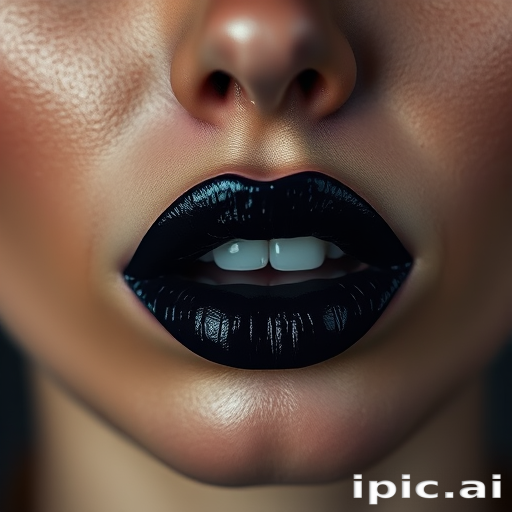 Dramatic woman lips accentuated by bold black lipstick with metallic sheen, full face portrait exuding edgy confidence and mysterious allure
