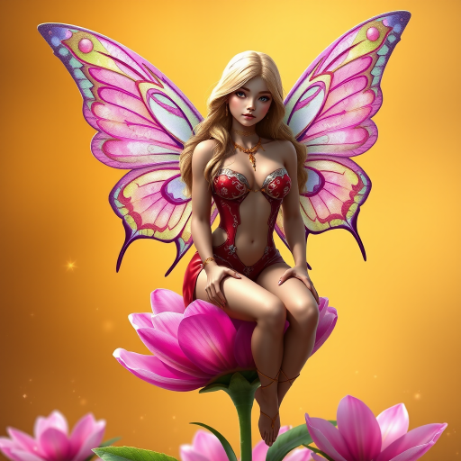 A digital artwork features a winged fairy with delicate Electric butterfly wings, adorned with intricate Chartreuse andLilac patterns. She is seated on a vibrant Pink flower, wearing a revealing red two-piece outfit with sparkling beadwork. Her fair skin, long blonde hair, and gold jewelry add to her ethereal appearance. The background is a warm, golden gradient, creating a magical atmosphere. Small glowing orbs and sparkles surround the flower, enhancing the enchanting, highly detailed, and realistic scene.