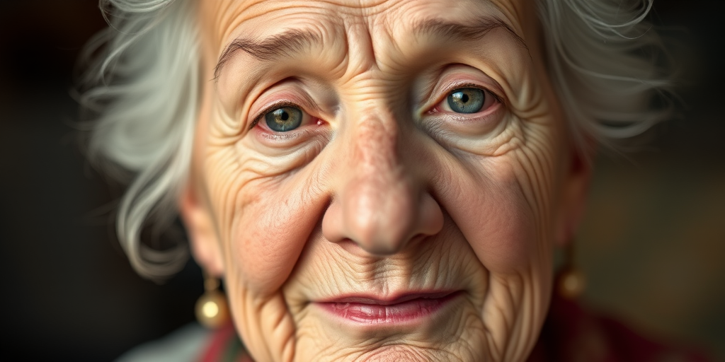 generate a hyper-realistic portrait of an elderly woman with detailed wrinkles and a serene expression, shot with a Canon EOS R5, 85mm lens, f/1.2 aperture, 1/200 sec shutter speed, and ISO 100, in soft natural lighting with a shallow depth of field to enhance the facial features and textures