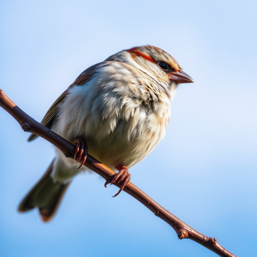 Generate a realistic close-up image of a sparrow perched on a branch, with a shallow depth of field, using a Canon EOS R5, ISO 100, f/2.8, 1/200s, with natural lighting and a soft blue sky background.