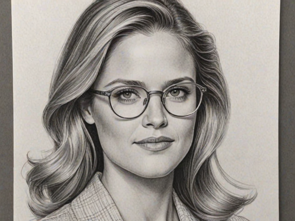 Gorgeous Maggie Lawson, pencil sketch, portrait of Dazzling woman 1943s in glasses, hair style beatnik, outline, clear lines, fine lines, 8k