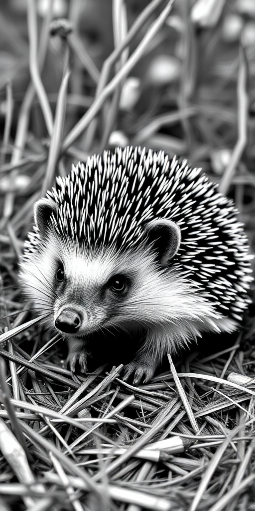 Create a high-resolution black and white illustration of a hedgehog in a natural setting, using a DSLR camera with a 50mm lens, aperture set to f/2.8, ISO 100, in soft diffused lighting and a shallow depth of field for enhanced detail and texture.