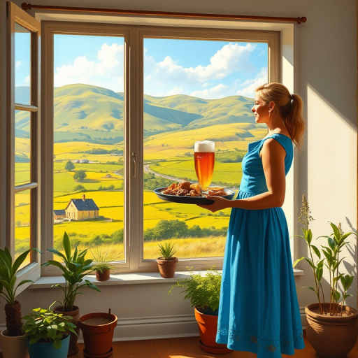 In "A Glass of Beer on the Highland," a serene scene is depicted in a sunlit room where a woman in a vibrant blue dress stands by a large window. She holds a tray with a hearty meal and a frothy glass of beer, embodying a moment of relaxation. Outside, the breathtaking highland landscape features rolling green hills and a charming traditional house, all bathed in warm afternoon light. The interior is adorned with potted plants, creating a harmonious blend of comfort and nature. The painting beautifully captures the tranquility and joy found in simple pleasures amidst stunning scenery