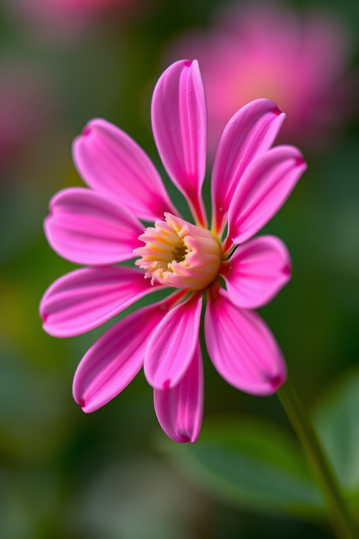 Create a high-resolution image of a stylized pink flower with circular petals, using a macro lens, shot at f/2.8 for a shallow depth of field, with a soft focus background, and a DSLR camera.