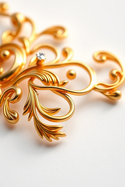 Create an intricate gold jewelry design featuring flowing, nature-inspired motifs with a high-resolution focus, using a macro lens at f/2.8, ISO 100, in bright studio lighting on a white background.