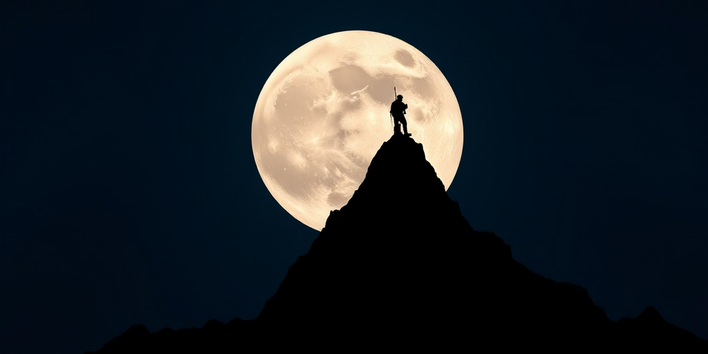 Create a high-resolution silhouette of a mountain peak with a climber on top against a large full moon backdrop, using a DSLR camera with a 50mm lens, f/1.8 aperture, ISO 100, and a low angle shot to enhance depth and contrast.
