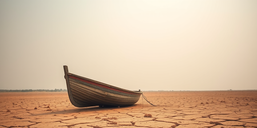 A deserted wooden boat on cracked dry earth under a hazy sky, captured with a Canon EOS R5, 50mm lens, f/1.8, ISO 100, 1/200s, in soft natural light, with a wide-angle view for enhanced depth and detail.