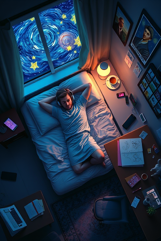 A top-down Van Gogh-style painting of a young man lying on his bed, listening to music with headphones. The room is softly lit with deep blues and purples, creating a peaceful nighttime atmosphere. The bed has a soft pillow, and the man's arms are resting behind his head. Around the bed, various glowing gadgets such as a smartphone, a laptop, and a small lamp are visible, casting a gentle light. The rest of the bedroom includes a desk with books, a chair, and a small rug on the floor. A window near the bed reveals a starry night sky with swirling stars, reminiscent of Van Gogh's 'Starry Night.' On the desk, there is a sketchbook with colorful drawings, a cup of coffee steaming gently, and a small potted plant. The walls have posters of famous paintings and a corkboard with pinned notes and photos. The scene is full of dynamic, swirling brushstrokes, capturing the essence of Van Gogh's unique style. The overall mood is serene and contemplative, with a touch of artistic inspiration.