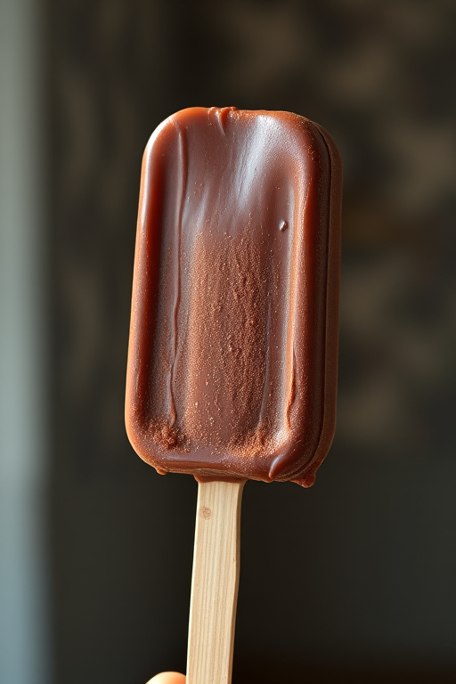 Generate a high-resolution image of a chocolate-covered ice cream bar on a stick, captured with a Canon EOS R5 at f/2.8, 50mm lens, in natural lighting with a shallow depth of field to enhance texture and details.