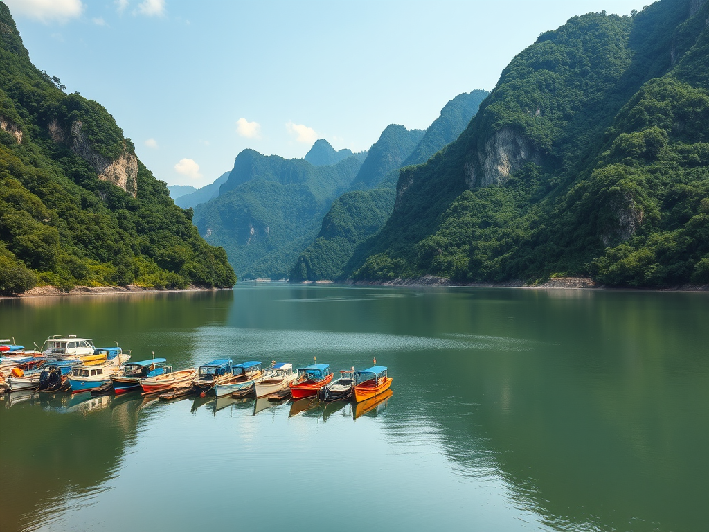 Capture a serene landscape of boats docked by a river surrounded by lush green mountains, using a Canon EOS 5D Mark IV with a 24-70mm f/2.8 lens, aperture set to f/8, ISO 100, shutter speed 1/250s, daylight white balance, and a slightly elevated angle for depth.