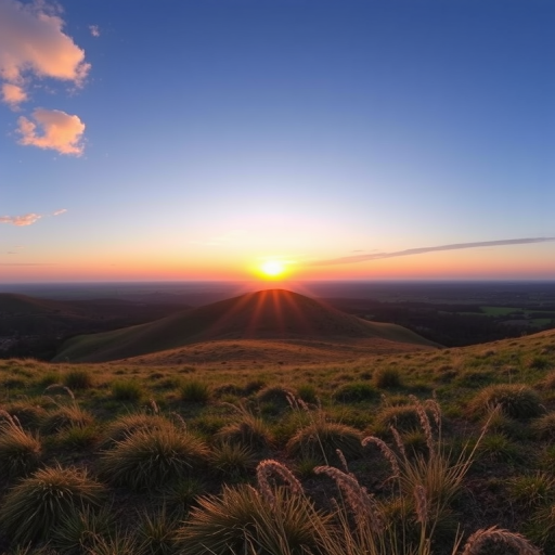 Generate a high-resolution image of a scenic landscape featuring a rolling hill with a sunset in the background, captured with a DSLR camera at f/8 aperture, ISO 100, 1/200 second shutter speed, with a wide-angle lens and a panoramic view.