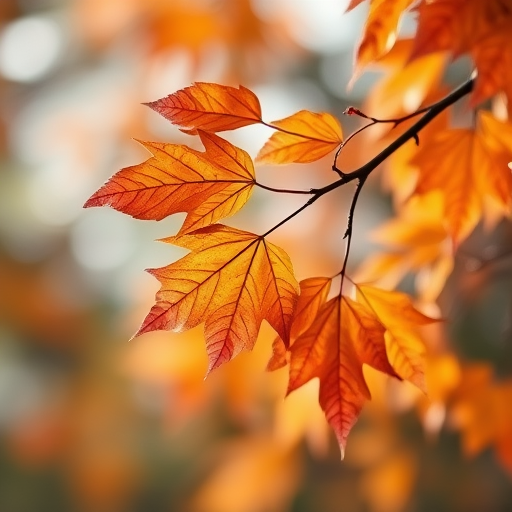 autumn leaves on branches with soft focus background, close-up shot, 50mm lens, aperture f/2.8, ISO 200, natural light, DSLR camera