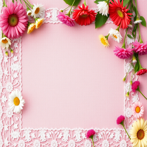 Create a floral background with a softly textured pastel pink canvas featuring intricate lace patterns, bright colorful flowers like daisies, roses, and gerbera scattered along the edges, shot with a DSLR camera at f/2.8, ISO 100, 50mm lens, natural lighting, top-down view for an enhanced depth of field.
