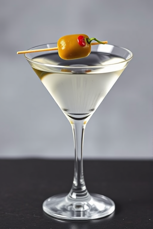 Generate a high-resolution vector image of a martini glass filled with clear liquid, featuring a green olive with a red pimento on a toothpick, using a Canon EOS R camera, 50mm lens, f/2.8 aperture, 1/125 sec shutter speed, and natural lighting for enhanced clarity and detail.