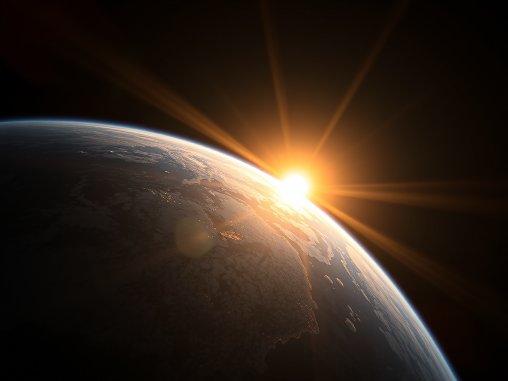 Regenerate an image of Earth from space with the sun rising over the horizon, high-resolution, captured with a DSLR camera at ISO 100, f/11, 1/200 sec, wide-angle lens, and a slight vignette effect for enhanced depth.