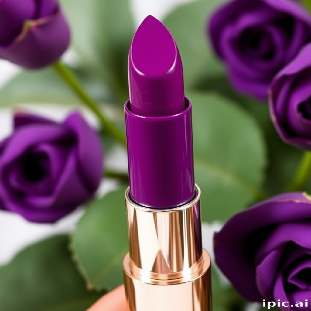 Lush grape purple lipstick with a glossy finish, dubbed "Royal Velvet," offering rich pigmentation and a hydrating formula, ideal for creating regal and sophisticated appearances