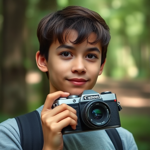 Portrait of a young person holding a vintage camera with a forest background, natural lighting, shallow depth of field, 50mm lens, f/1.8 aperture, ISO 200, 1/250 sec shutter speed, taken with a DSLR camera.