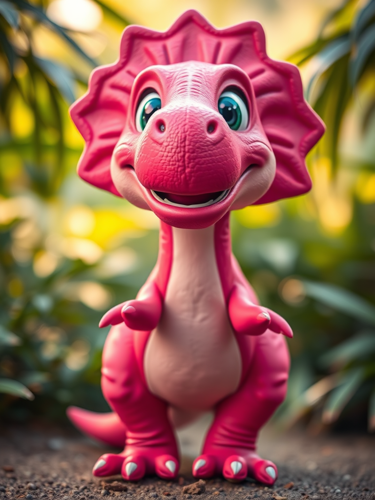 Create a vibrant cartoon-style image of a playful pink dinosaur, shot with a DSLR camera at f/8 aperture, ISO 100, 50mm lens, vibrant colors, front view, with a soft focus on the background for depth.