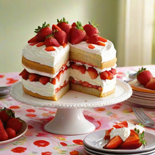 Create a vibrant image of a layered strawberry shortcake. The cake should have fluffy white layers filled with strawberries and whipped cream. Present the whole cake on a decorative cake stand with fresh strawberries on top, and include a slice on a plate in the foreground. Use a colorful tablecloth with an intricate pattern in the background to enhance the scene.