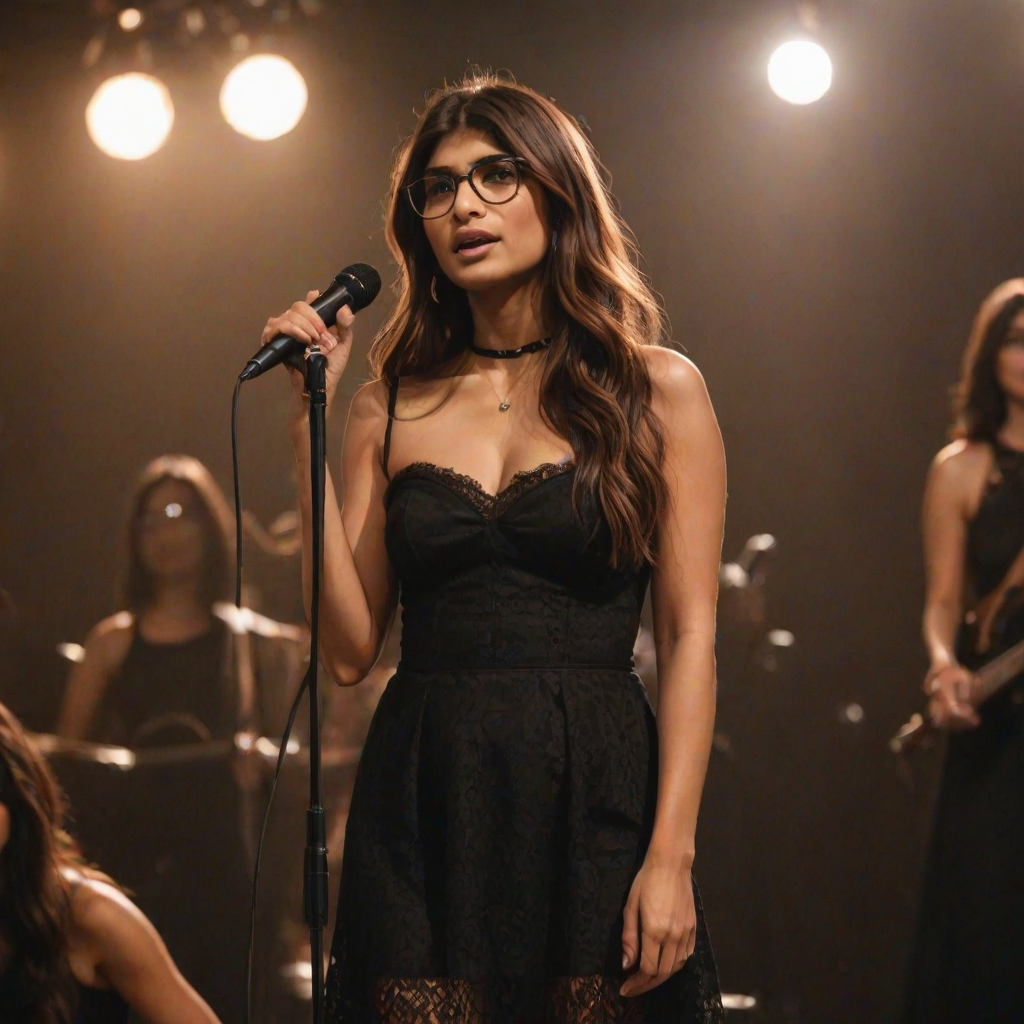 mia khalifa with long, flowing brown hair is standing in the center of the frame, holding a microphone in her right hand, and looking slightly off to the right side of the frame. She is wearing a black, off-the-shoulder dress with delicate lace detailing. The lighting is warm and dramatic, creating a spotlight effect on the singer. There are other figures in the background, blurred and out of focus, suggesting a concert or performance setting. The camera angle is low, capturing the woman from the waist up. The overall atmosphere is intimate and captivating.