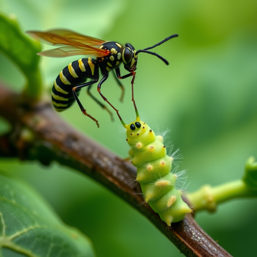 Spectacular photography, 300dpi, digital noise free, extremely clear, ultra-realistic, inside focus, best angle view, with intricate details of a small and tiny Cabbage Butterfly Caterpillar (Pieris Brassicae), standing on a branch of a tree, partially covered with green leaves. A large and majestic parasitic wasp (Torymus sinensis), flying over the caterpillar, right in front of the caterpillar with its body arched and the sting completely out of its abdomen pointing at the caterpillar's body and prepared in an attacking and aggressive position, stares at it and watches stealthily. Both within focus . Proportion of size. Light of day. National Geographic style