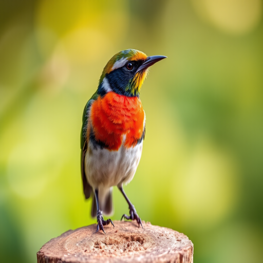 Close-up of a colorful bird perched on a wooden stump, softly blurred natural background, 50mm lens, f/2.8 aperture, ISO 100, shutter speed 1/200s, DSLR camera, natural light.
