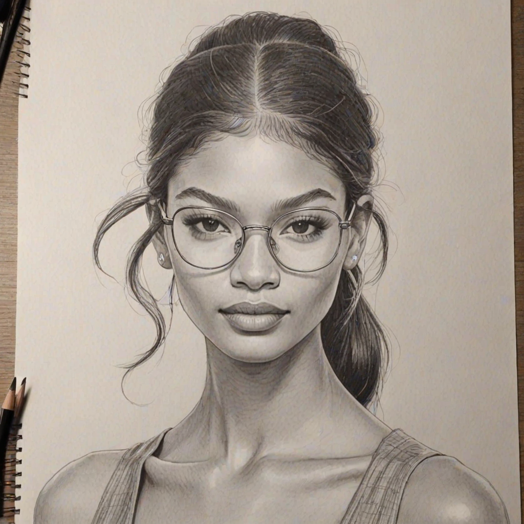 Fetching Chanel Iman, pencil sketch, portrait of Captivating woman 1971s in glasses, hair style beatnik, outline, clear lines, fine lines, 8k