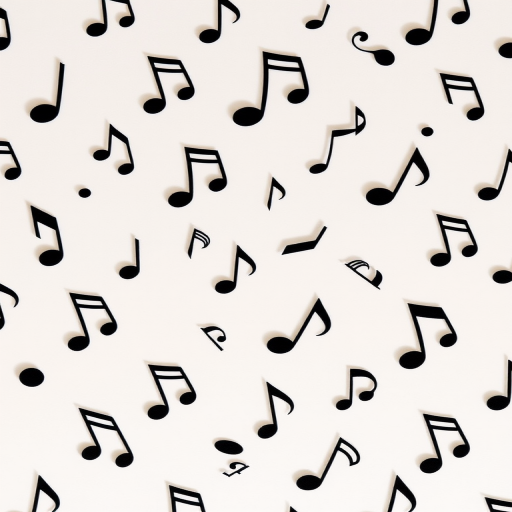 Create an image of a pattern featuring various musical notes in a scattered arrangement, using a DSLR camera set to ISO 100, aperture f/4, shutter speed 1/60s, taken from a top-down view, using natural lighting to enhance clarity and colors.
