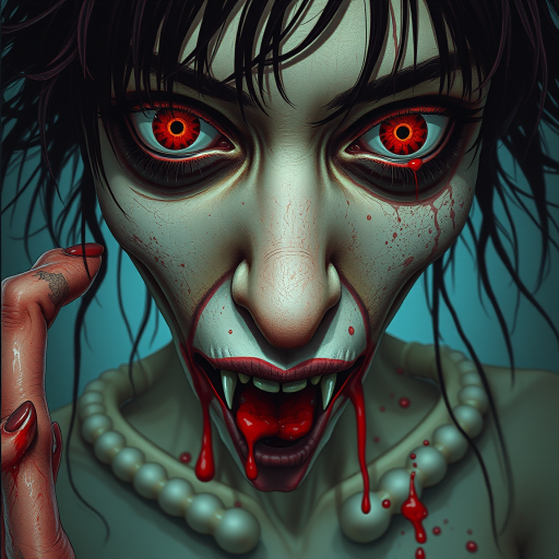 (perspective) of A creepy (ethnicity) zombie cyborg with (descriptive color) skin, (color) lipstick (color) liquid flowing from her eyes and mouth, (perspective two) portrait, (camera angle), extremely detailed, (art style) in the style of Yoshitaka Amano and Tetsuo Hara. --ar 85:128 --style raw --niji 6