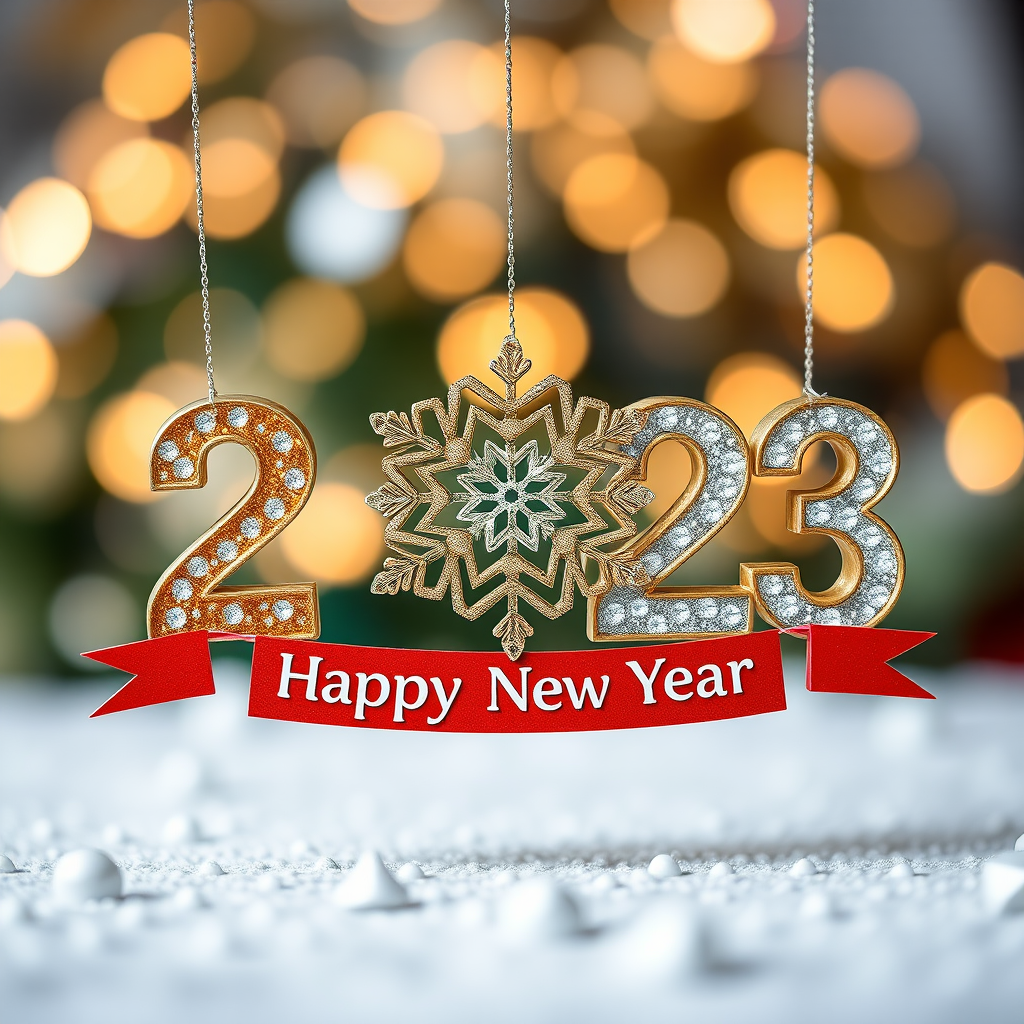Create a vibrant image of festive New Year decorations with the year 2023 in sparkling gold and silver, a snowflake design in the center, and a red banner below saying "Happy New Year" with a soft bokeh background, shot with a Canon EOS 5D Mark IV, 50mm lens, f/1.8 aperture, 1/100s shutter speed, ISO 100, natural light.