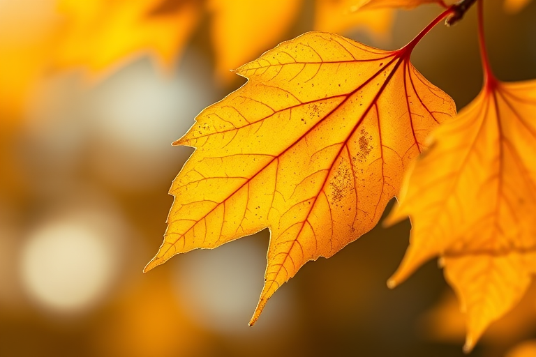 High-resolution close-up of a vibrant golden maple leaf on a soft blurred background, natural lighting, f/2.8 aperture, ISO 100, DSLR camera, macro lens, focus on leaf texture and colors.