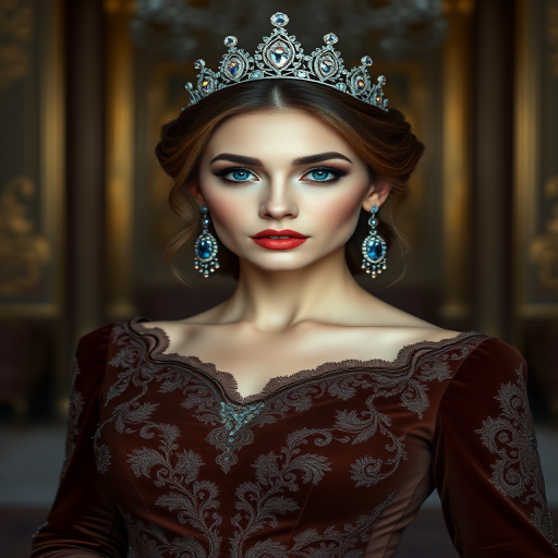 A gorgeous Kazakh woman in a luxurious brown gown, accessorized with a dazzling tiara and statement earrings, her deep blue eyes highlighted by impeccable makeup, poised in a royal setting, photorealistic, 8K quality