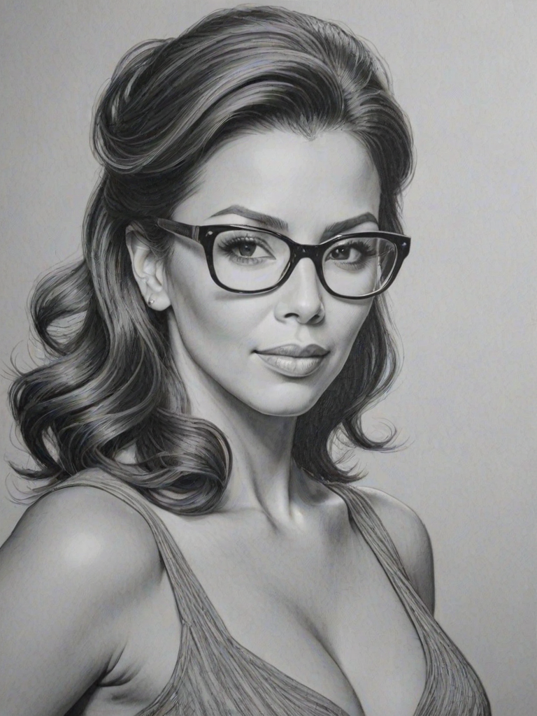 Exquisite Eva Longoria, pencil sketch, portrait of Ravishing woman 1950s in glasses, hair style beatnik, outline, clear lines, fine lines, 8k