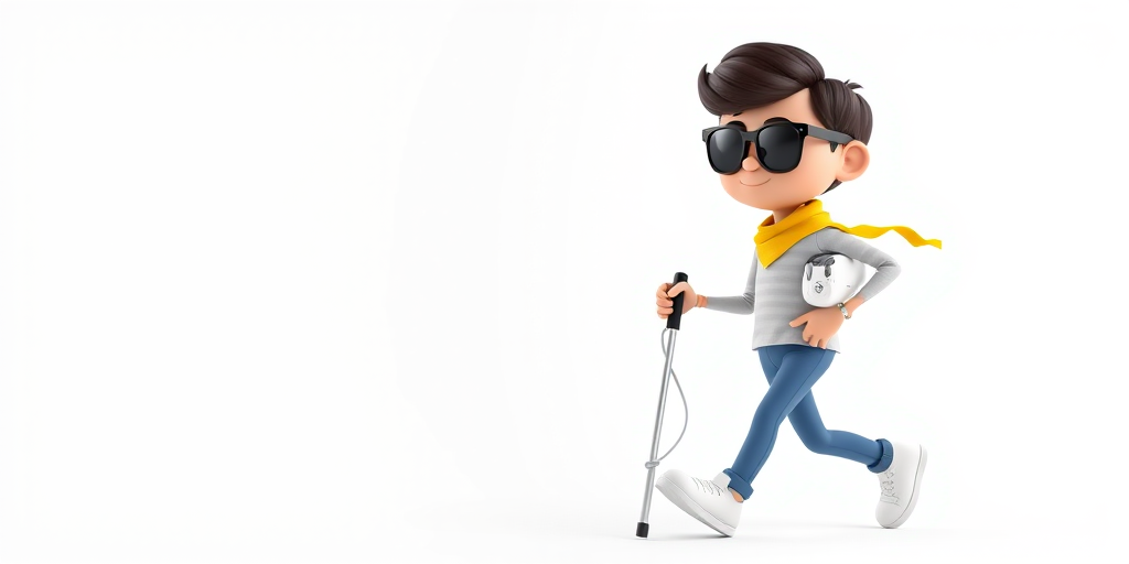 a 3D character walking with a cane wearing sunglasses and a yellow armband, clean white background, shot with a Canon EOS R6, aperture f/2.8, ISO 100, focal length 50mm, soft lighting, high-resolution.