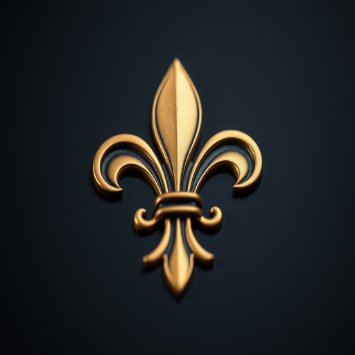 Create a high-resolution image of a gold fleur-de-lis emblem on a black background, shot with a Canon EOS 5D Mark IV at f/8, ISO 100, 1/200s, in a close-up view with a soft focus style.