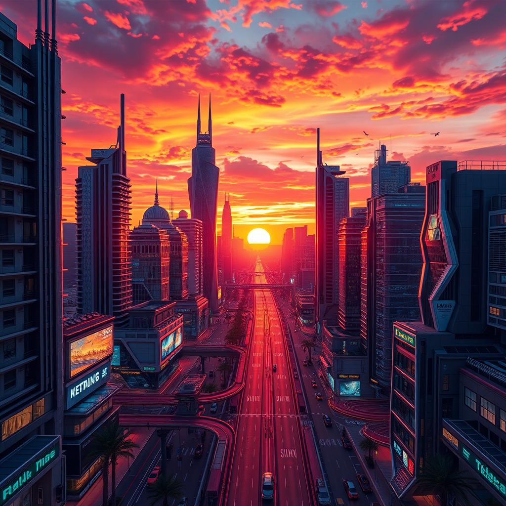 Generate a high-resolution image of a futuristic cityscape at sunset with vibrant colors and dynamic lighting, camera settings: aperture f/8, ISO 100, shutter speed 1/200s, camera view: wide-angle, camera style: vibrant and highly detailed, camera type: DSLR.