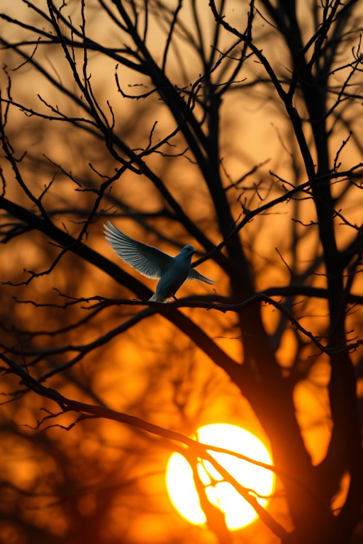 Capture a serene scene of a white dove flying through a dark, leafless tree against a glowing sunset background with golden light rays, using a Canon EOS R5, 50mm lens, f/1.8 aperture, ISO 100, and a shallow depth of field for enhanced image quality.