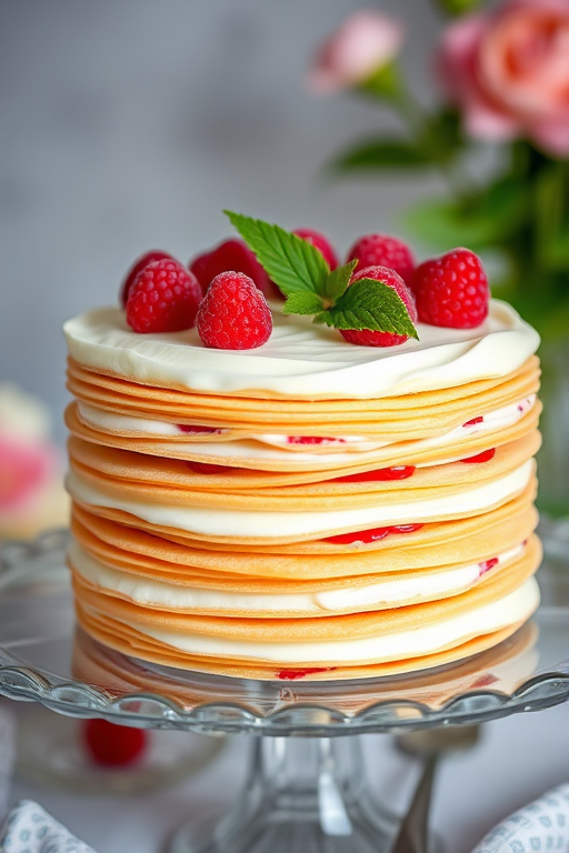 A beautifully layered cake with thin pastry sheets and creamy filling, elegantly presented on a glass cake stand, topped with fresh raspberries and delicate green leaves, with a soft background featuring a hint of flowers.