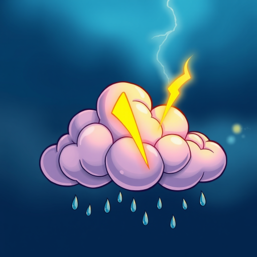A stylized cartoon cloud with a lightning bolt and raindrops, vibrant colors, high resolution, high dynamic range, ISO 100, f/5.6 aperture, 50mm lens, shot from a slightly low angle to emphasize the cloud's shape, sharp focus.