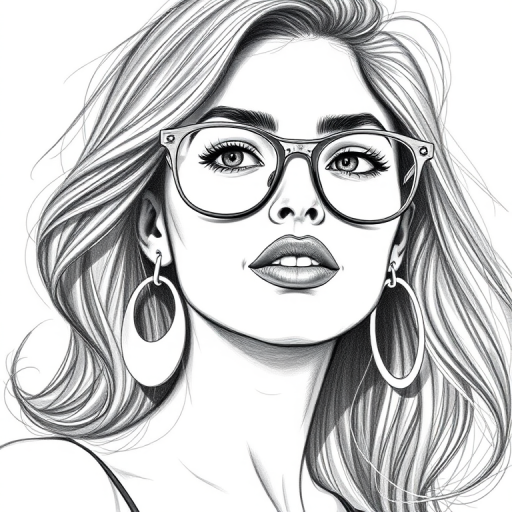 hot mia khalifa, pencil sketch, portrait of beautiful woman 60s in glasses, hair style beatnik, outline, clear lines, fine lines, 8k