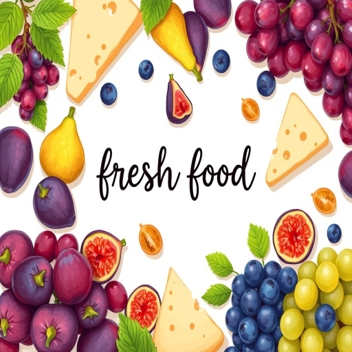 Create a vibrant illustration of various fresh fruits and cheese arranged artfully on a white background, focusing on figs, pears, grapes, and cheese, with a stylish handwritten text "fresh food" at the center; camera settings: ISO 100, f/4.0, 1/125s; camera view: top-down perspective; camera style: cartoonish; camera type: digital illustration.