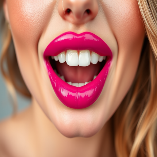 Radiant woman lips adorned with a glossy fuchsia lipstick, vibrant and youthful, full and rounded, exuding playfulness and confidence