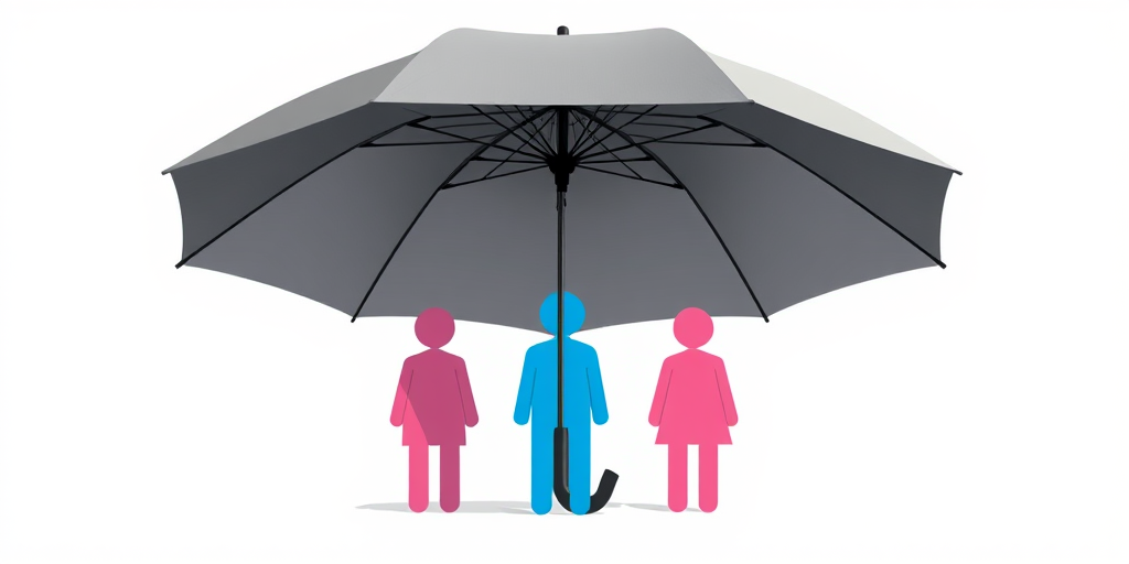 Create a vector graphic illustration of a large gray umbrella covering five stylized human figures in blue and pink, with soft shadows and clean lines, captured with a Canon EOS R5 at f/8, ISO 100, with a 35mm lens in a flat lay style.