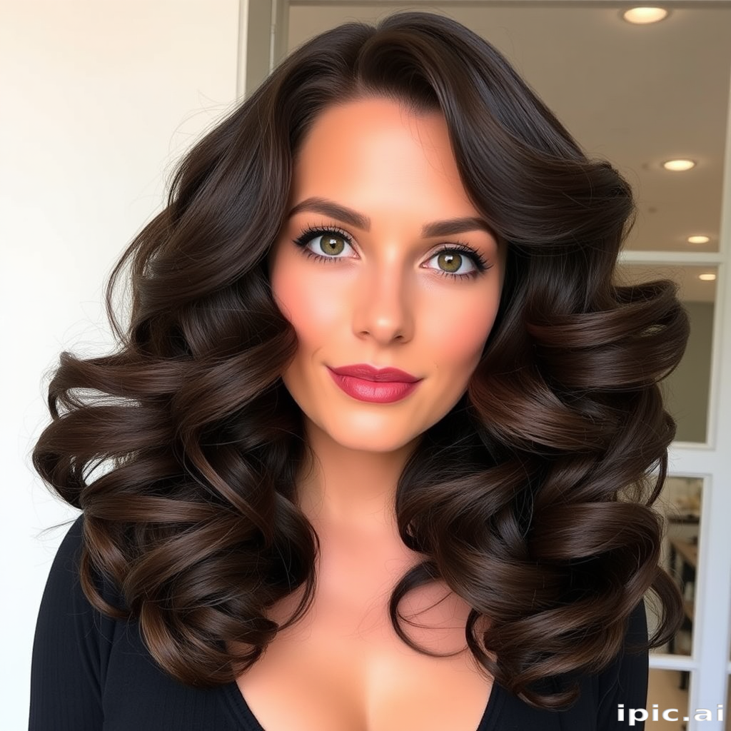 Luscious chocolate brown locks styled in voluminous vintage curls, called "Cocoa Velvet," boast a rich, glossy sheen and perfectly sculpted waves reminiscent of old Hollywood glamour, framing the face beautifully and ending just below the collarbone