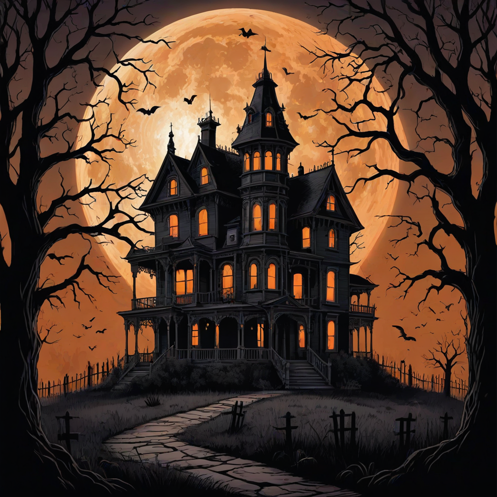 Create an illustration of a dark, Victorian-style haunted house set against a full moon. The house should be intricate, surrounded by twisted, barren trees, and evoke a spooky Halloween atmosphere. Above the house, include the word "Halloween" in a bold, orange gradient font. Use a ghostly, eerie style to bring the scene to life.